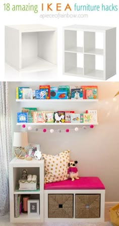 there are bookshelves and shelves in the room with children's toys on them