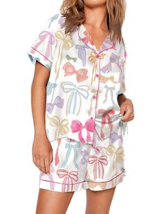 PRICES MAY VARY. Matching Pajamas Set Material: The Super Soft Pajama Set is made of Polyester blend, breathable and cozy, lightweight and skin-friendly. Short sleeve sleepwear top and pajama shorts set. Two-Piece Sleepwear Pajama Set Feature: Top: button down, collared, relax fit, loose fit baggy pjs top, short/long sleeve,cute/novelty/funny printed shirt top. Bottom: elastic waistband, high waist loose fit shorts pants pjs shorts. Pjs Sets for Women Design: Silk pajamas for women, satin pajama Loungewear Outfit, Summer Sleepwear, Satin Pajama Set, Satin Pajama, Long Coat Women, Button Down Short Sleeve, Nightwear Women, Sleeveless Long Dress, Womens Knit Dresses