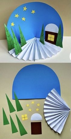 two different views of an origami house with trees and mountains in the background