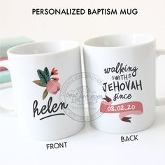 two coffee mugs with names on them sitting side by side next to each other