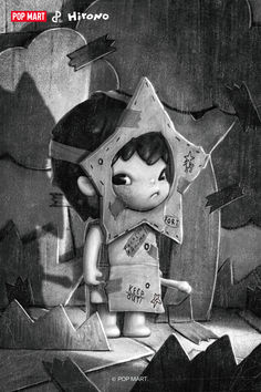 a black and white drawing of a girl with an umbrella