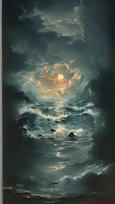 an oil painting of the ocean at night