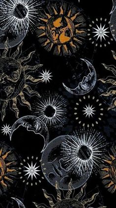 the sun and moon are depicted in this black, gold and white pattern on fabric