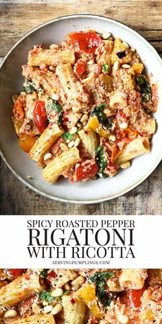 the recipe for rigatoni with ricotta and spinach is shown in two separate images