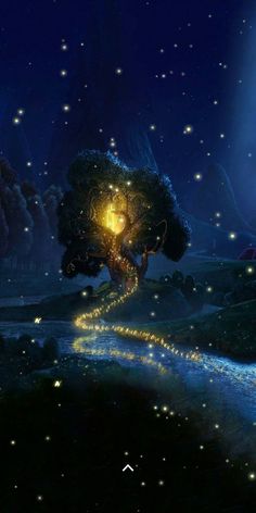 a night scene with fireflies flying in the sky over a path leading to a tree