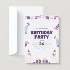 a birthday party card with two llamas and presents on it, next to an envelope