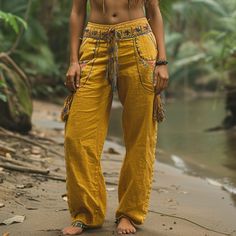 Elegant Bottoms, Casual Outdoor Party, Pantalon Thai, Loose Linen Pants, Gaucho Pants, Women Trousers, Bohemia Style, Linen Pant, Party Pants