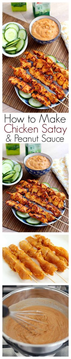 the process of making grilled chicken satay is shown in three different stages, including being