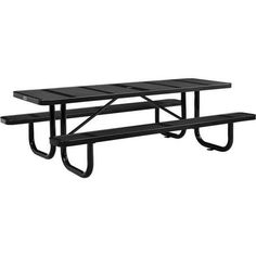 a black picnic table with two benches on it's sides and one bench attached to the back