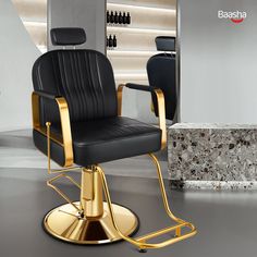 a black and gold barber chair sitting on top of a metal base in front of a mirror