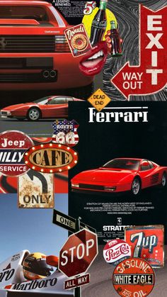 an advertisement for a car that is red and has various stickers on the side of it