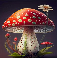 a painting of a mushroom with white dots on it's cap and green leaves