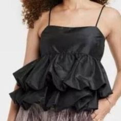 Fun Top For Summer Nites! Black Ruffled Tank Top For Party, Black Flirty Top With Ruffles, Flirty Black Ruffled Top, Smocked Top With Ruffles For Day Out, Mini Length, Black Ruffle Cami Top, Rose Tank Top, Cutout Blouse, Evening Blouses, Bubble Style