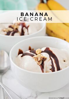 two white bowls filled with ice cream and bananas