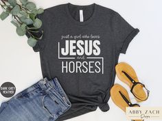 Just a girl who loves Jesus and horses. Every day is a great day when it includes Jesus and horses! This Christian farm life shirt is printed on soft and comfy Bella and Canvas brand shirts so you never have to sacrifice comfort or style. More of our Christian shirts for women can be found at our homepage. https://www.etsy.com/shop/AbbyZachDesigns ----HOW OUR SHIRTS ARE MADE ----  * We use the process of DTG, which stands for direct to garment printing. We partner with a professional printer who Christian Shirts For Women, Chicken Lady, Chicken Shirts, Country Barn, Horse T Shirts, Brand Shirts, Gifts For Horse Lovers, Branded Shirts, Christian Shirts