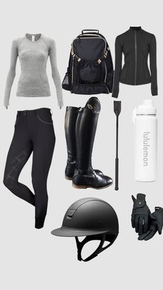 an assortment of equestrian gear including riding boots, helmet and gloves