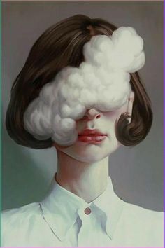 a painting of a woman with clouds on her head