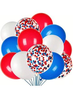 red, white and blue balloons with confetti on them