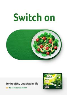 a broccoli salad on a plate next to a packet of switch on