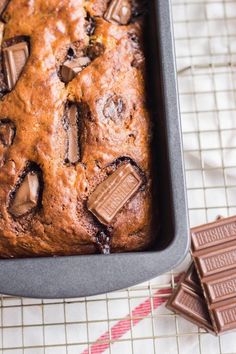 chocolate chip banana bread with hershey bar pieces in the middle and text overlay reading incredible banana bread with hershey bar pieces