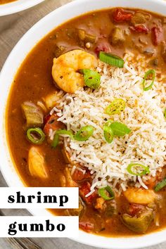 two bowls filled with shrimp gumbo and rice