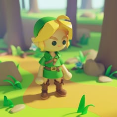 the legend of zelda is standing in front of some trees and rocks, while wearing a green outfit