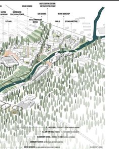 a diagram shows the location of several different buildings and trees in an area that is surrounded by water