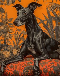 a painting of a black dog sitting on an orange couch in front of tropical wallpaper