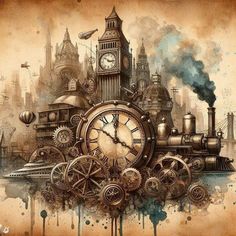 an artistic painting of a steam engine clock