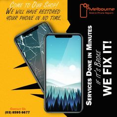 an advertisement for a cell phone repair company with broken screen and cracked glass on it