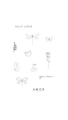 the words self love are drawn in black and white with dragonflies, flowers, and hearts