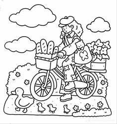 a black and white drawing of a person riding a bike with chickens in the basket