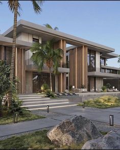 an artist's rendering of a modern house with palm trees in the front yard