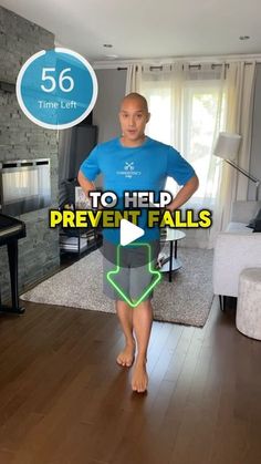 a man standing in front of a living room with the words how to help prevent falls