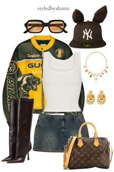 #fashion #outfit #outfitinspo #fashioninspo #accessories #shoes #brown #yellow #green #leatherjacket #boots #stilleto #microskirt #skirt #denim #skims #louisvuitton #goldjewelry #brownhat #baseballcap #shades #sunglasses #glasses #earrings #necklaces Stilleto Boot Outfit, Chloe 2024, Color Aesthetic, Wardrobe Color, Micro Skirt, Skirt Denim, Brown Outfit, Shades Sunglasses, Shoes Brown