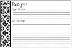 a recipe card with black and white designs on the border, which reads'recipe ingredients instructions