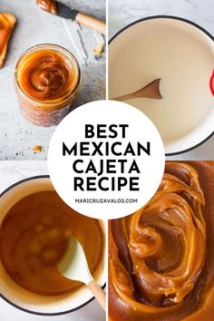 A 4 photos collage with cajeta preparation. Cajeta Recipe, Mexican Caramel, Authentic Mexican Desserts, Mexican Desserts, Goat Milk Recipes, Creamy Caramel, Fruitcake Recipes, Mexican Dessert, Hispanic Food