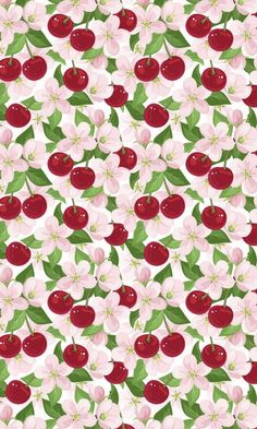 an apple and flower pattern on a white background