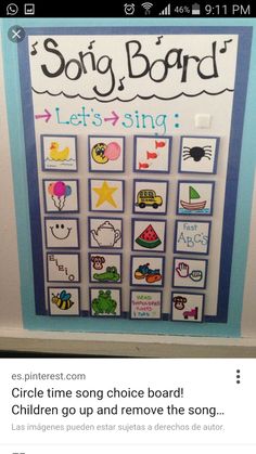 an image of a bulletin board with pictures on it and the words, song board lets sing