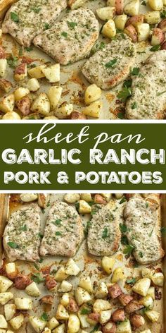 garlic ranch pork and potatoes on a sheet pan with text overlay that reads see & pay garlic ranch pork and potatoes