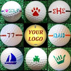 golf balls with different logos on them and the words she, your logo is shown