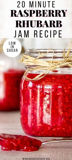 Fresh homemade raspberry rhubarb jam in a mason jar. Rhubarb Jam No Pectin, Raspberry Rhubarb Jam, Rhubarb Freezer Jam, Low Sugar Jam Recipes, Raspberry Freezer Jam, Rhubarb Jam Recipes, Raspberry Jam Recipe, Freezer Jam Recipes, Raspberry Rhubarb