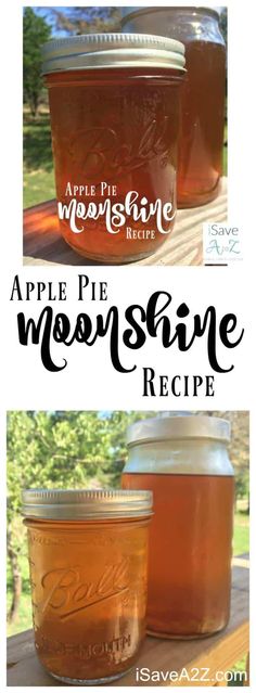 two jars of apple pie moon syrup sitting on top of a wooden table next to each other