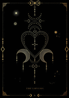 the lovers tarot card is shown in gold and black with an intricate heart on it