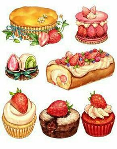 an illustration of different types of cakes and pastries with strawberries on the top