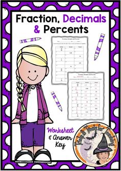 fraction and percentages worksheet with halloween themed pictures on the front, in purple polka dots