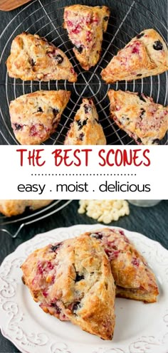 homemade scones with blueberries and cranberry filling on a white plate next to a cooling rack