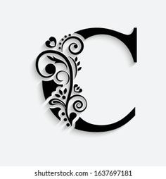 the letter c is decorated with swirls and hearts in black on a white background