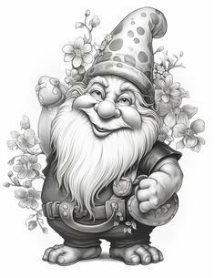 a black and white drawing of a gnome with flowers on his head, wearing a polka dot hat