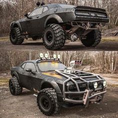 two pictures of an off road vehicle with four wheels on the front and one in the back